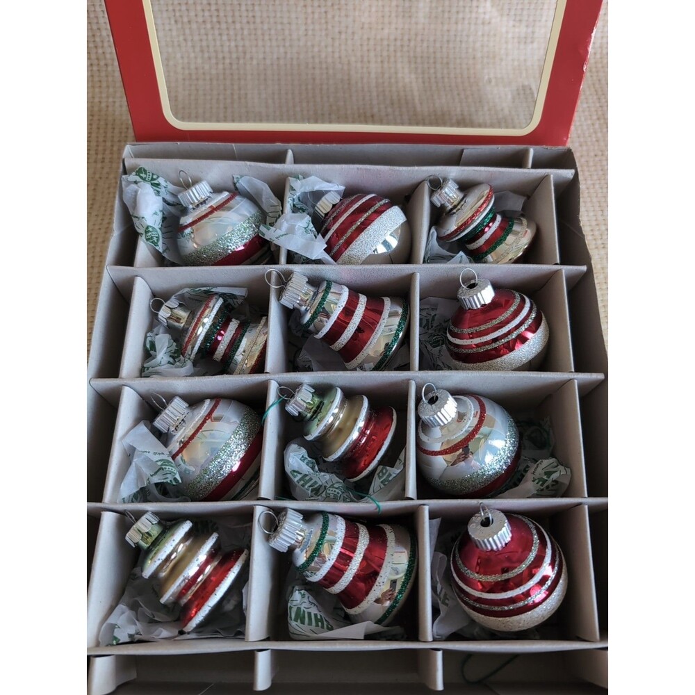 Shiny Brite Glitter/Mica Stripe Christmas Ornaments Bell Ball UFO Atomic Set 12 - Picture 2 of 7